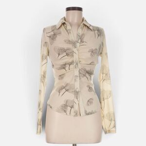 Bacio Y2K Ruched Ivory Off White Floral Secretary Blouse Tie Medium Glitter
